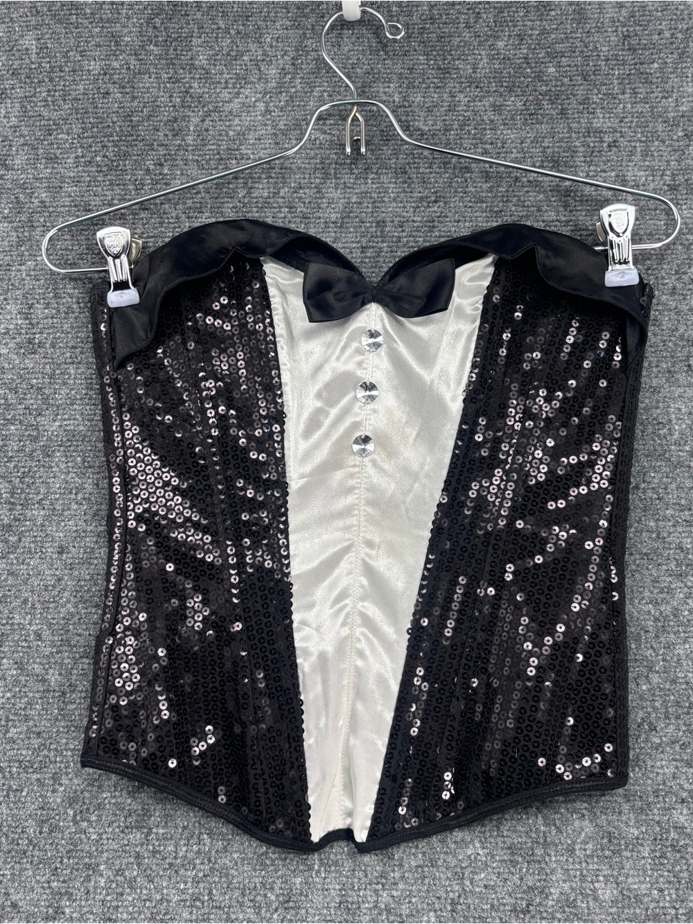 Sexy Show Girl Burlesque Black Sequin Tuxedo Corset Women’s M